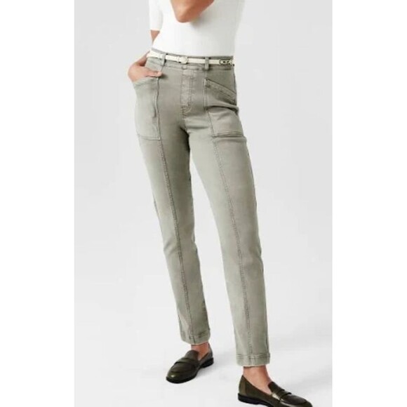 SPANX Stretch Twill Straight Leg Pants in Medium Pale Olive Green Pockets Seams - Picture 1 of 8